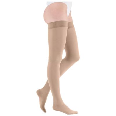medi mediven comfort Thigh-Length Compression Stockings | Compression Class 2 | Size VI | Beige | Open Toe | Regular | Patterned Nubby Grip Band | Comfort Sole & Lanolin