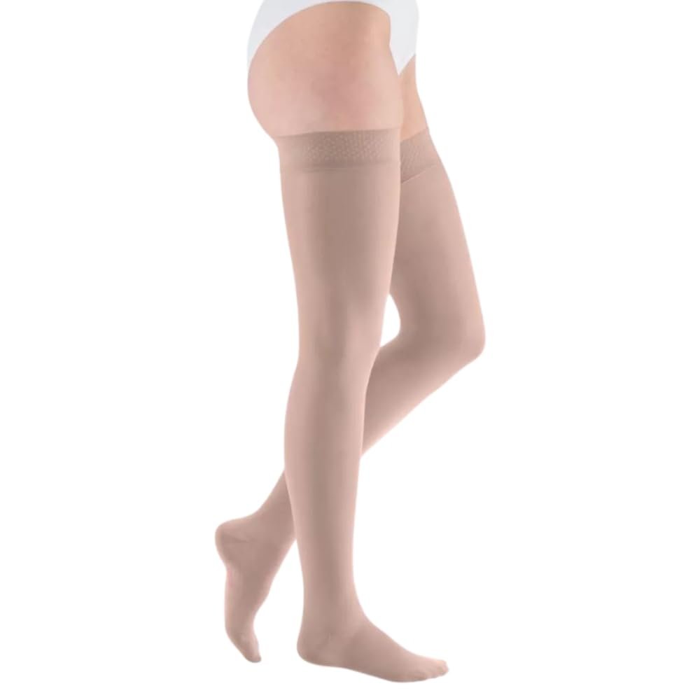medi mediven elegance Breathable Thigh-High Compression Stockings, Comfort Sole, Size V, Compression Class 1, Cashmere, Short, Open Toe, Dotted Grip Band