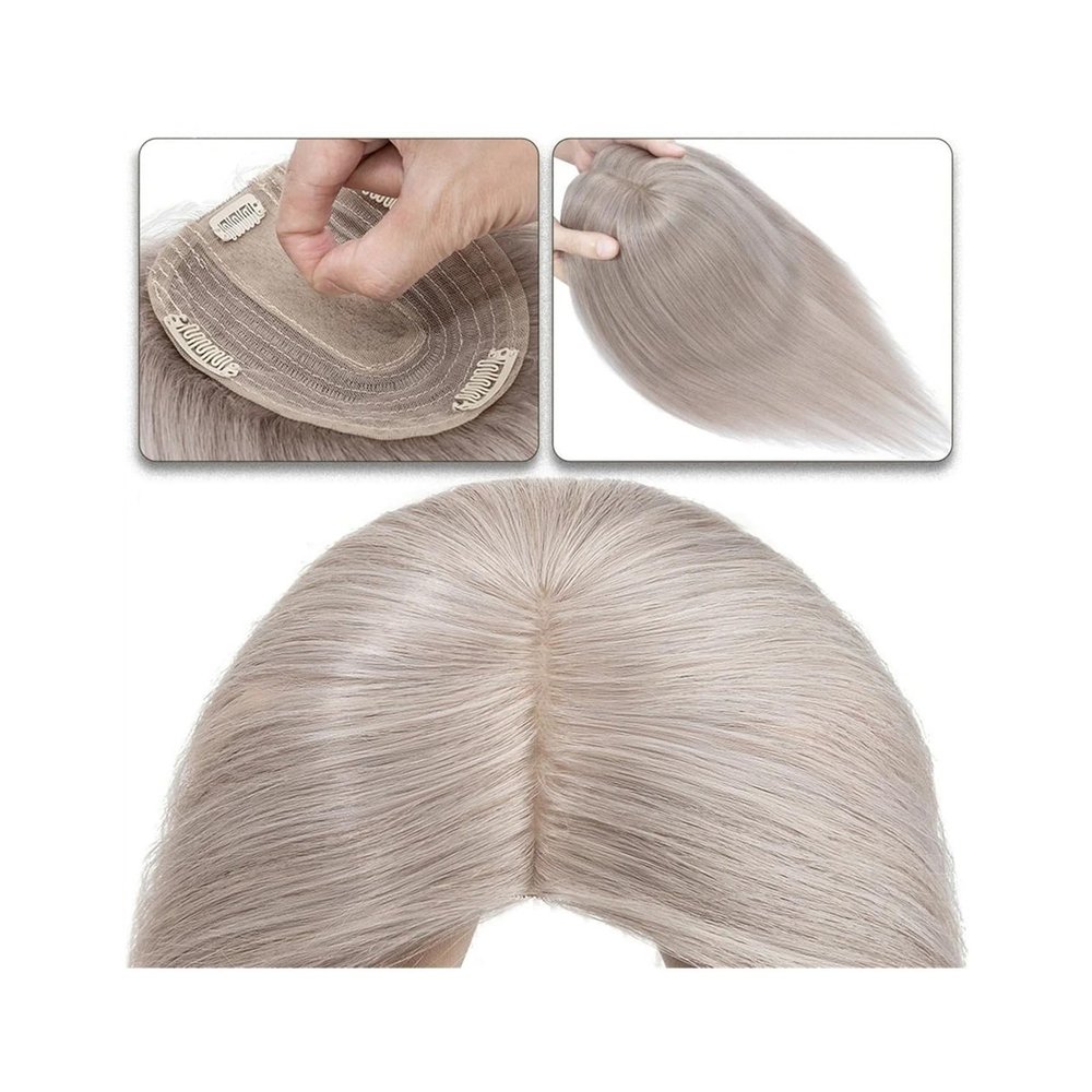 Wavy Wig Hair Topper for Women 6–18 in, Center Part, Human Hair Topper, 10 x 12 cm Silk Base with 4 Clips, Smooth Hair Loss Wig Grip (Size: 14 in, C