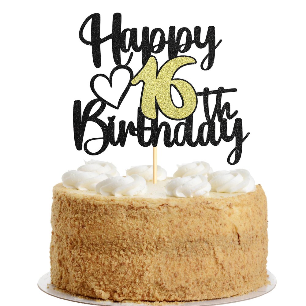 Sumerk 1-Piece 16th Birthday Cake Topper, Black and Gold