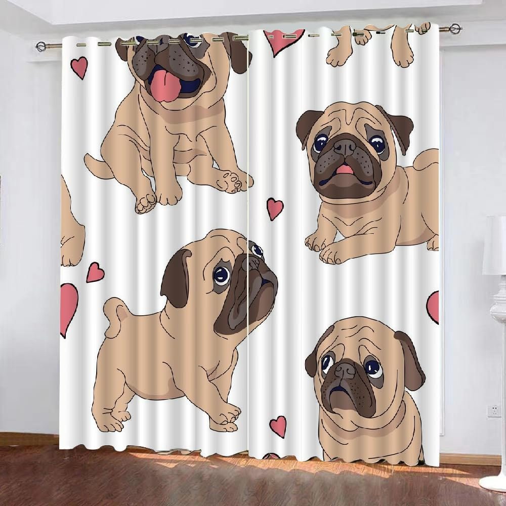 MEVASA Pug Puppy 3D Blackout Curtains, 2-Piece Set, Dog Design, Microfiber, 55 x 63 in