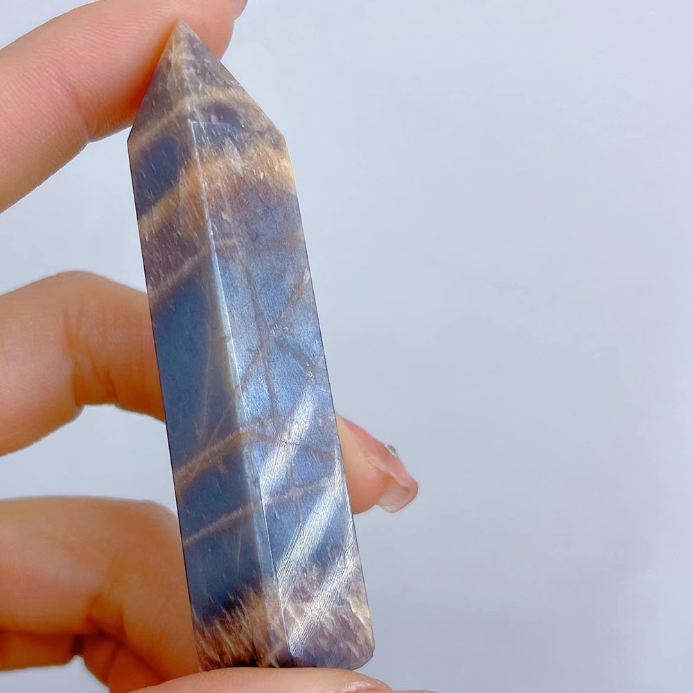 Natural Black Moonstone Crystal Tower with Gold Stripes, 1 Piece