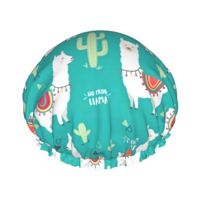 Women's Shower Cap with Alpaca and Cactus Print, Funny Reusable Novelty Layered Cap