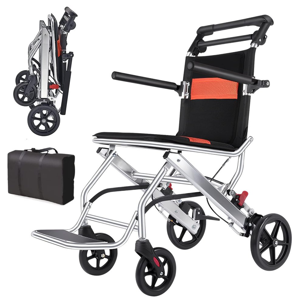ADUUTPPD Lightweight Folding Transport Wheelchair with Hand Brakes