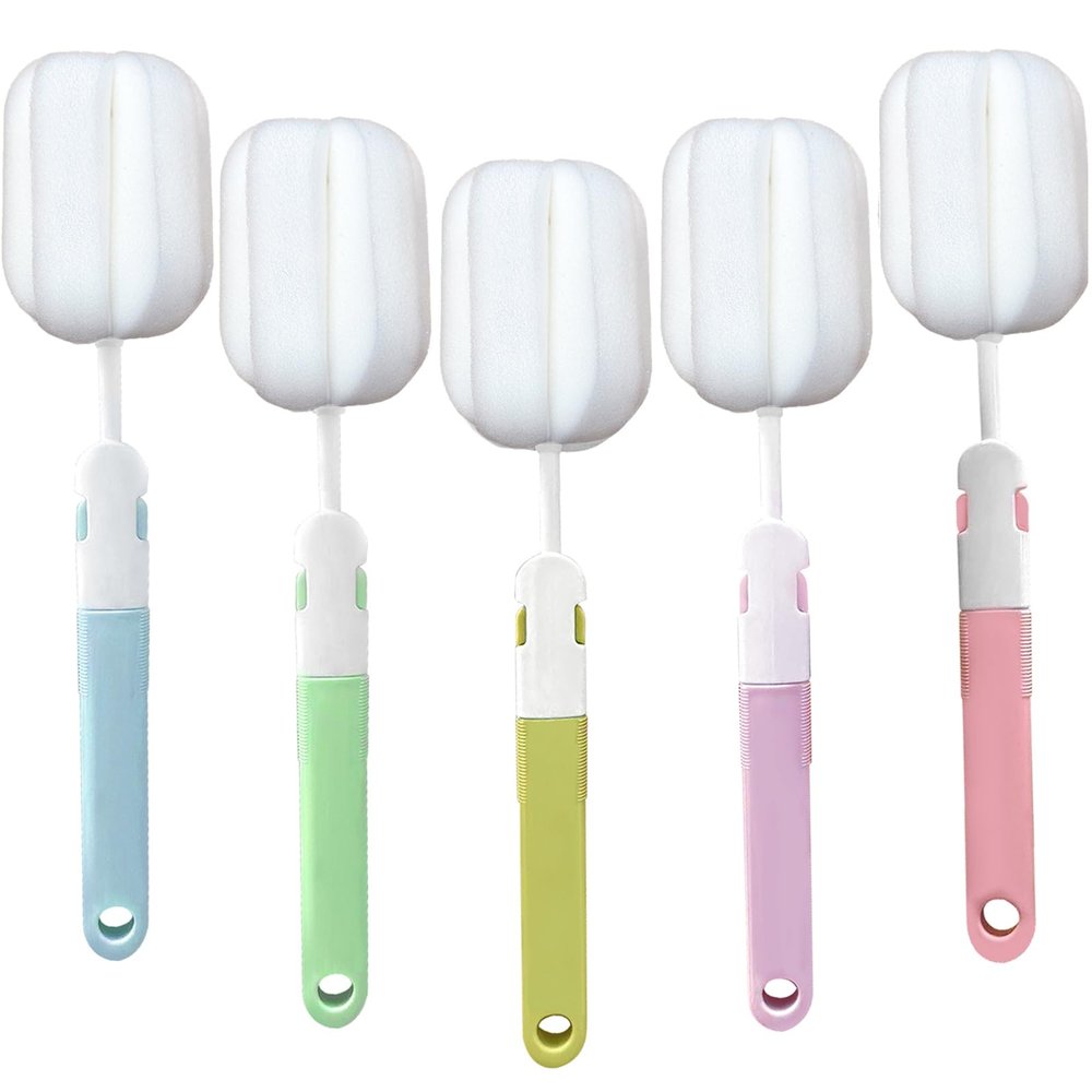 INVODA Sponge Bottle Brushes, 5-Piece Set, Long-Handle Baby Bottle and Cup Scrubbers