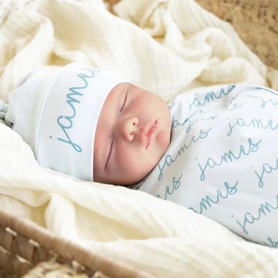 WOMB Personalized Baby Swaddle Blanket Set with Name, Hat and Headband, 75 x 100 cm