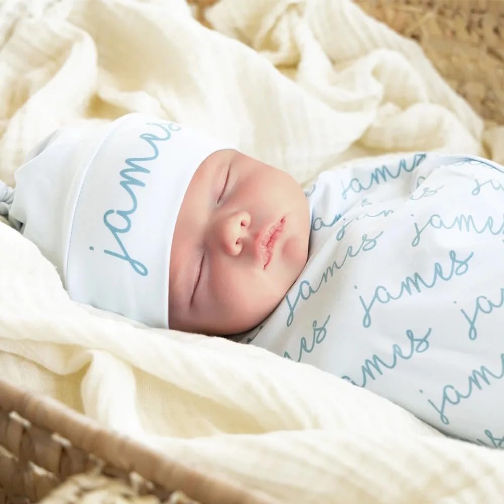 WOMB Personalized Baby Swaddle Blanket Set with Name, Hat and Headband, 75 x 100 cm