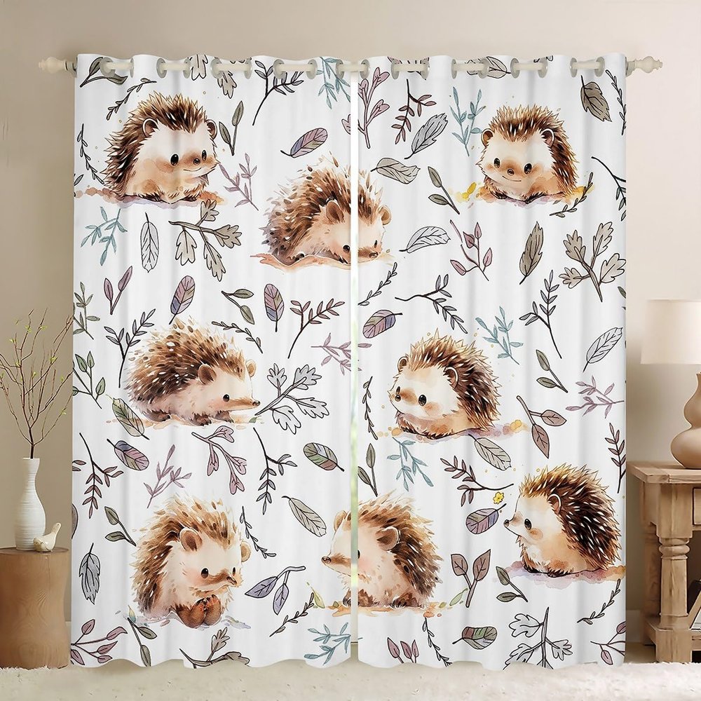 Homemissing Hedgehog Curtains for Kids, 175 x 140 cm, Cute Wildlife Window Curtains