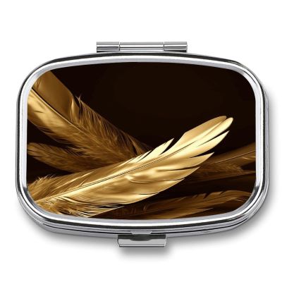 Square Pill Box with Golden Feathers, Two Compartments, Portable Organizer for Purse or Bag