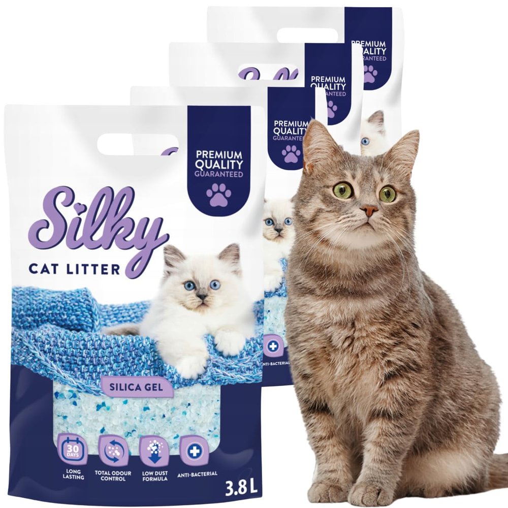 Silky Silica Cat Litter, Dust-Free Unscented Crystal Litter, Odor Control, Highly Absorbent, Antibacterial | 15.2 L - 4-Pack