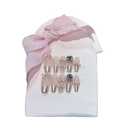 Handmade Press-On Nails with Bow, French Nail Art, Removable False Nails (Size S)