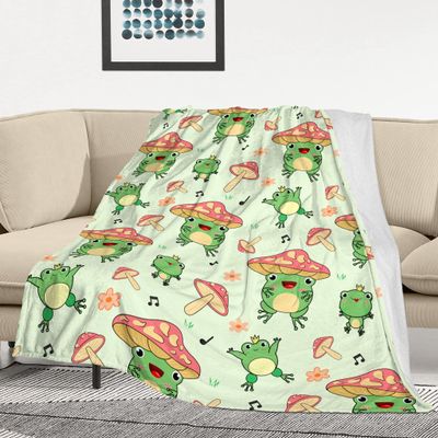 JUZGTSIT Cute Frog Mushroom Blanket, Soft Flannel Plush Throw