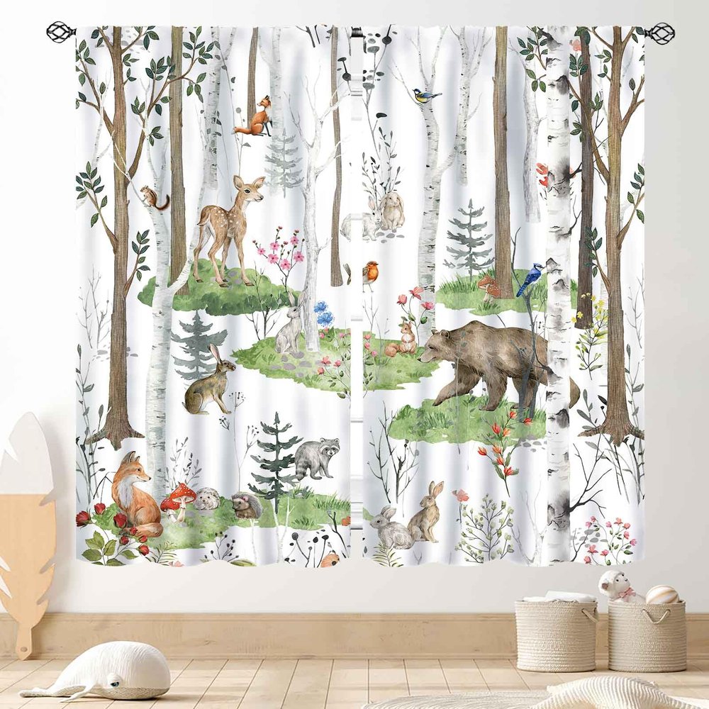 Woodland Animal Curtains for Babies and Kids, Bear, Deer & Fox, 213.4 x 160 cm