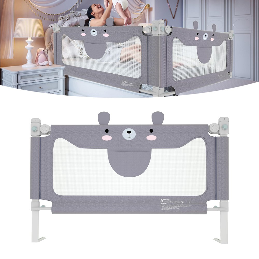FIVMEN 200 cm Baby Bed Rail, Height-Adjustable Bed Guard with Storage Bag, Gray