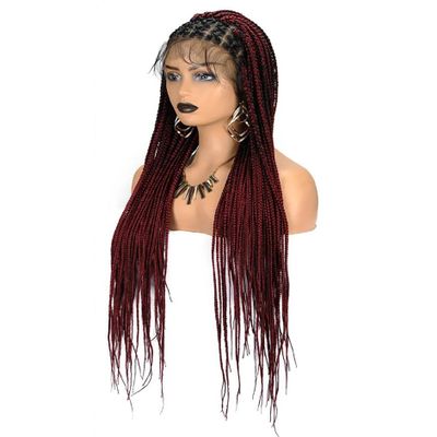 Full Lace Braided Wig, Lace Front Knotless Box Braids Wig, Ombre Synthetic Braided Wig for Women, 1B Burgundy, 36 Inches
