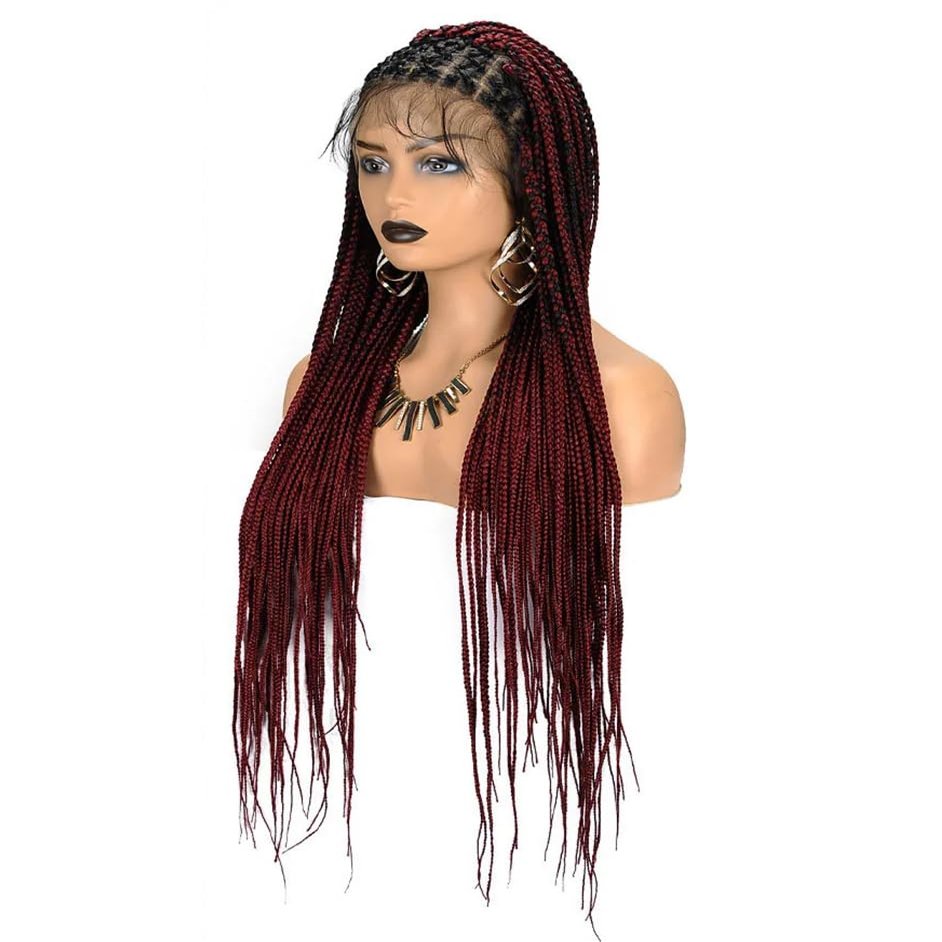 Full Lace Braided Wig, Lace Front Knotless Box Braids Wig, Ombre Synthetic Braided Wig for Women, 1B Burgundy, 36 Inches