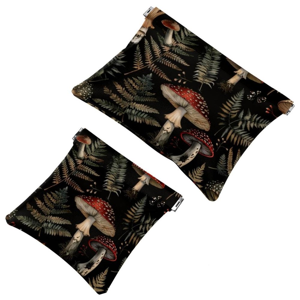 Small Cosmetic Bag with Squeeze Clasp, Travel Makeup Pouch, No Zipper, Self-Closing, Mushroom Forest Plant Pattern, Multicolor