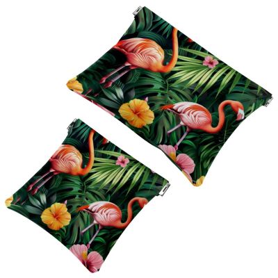 Cosmetic Bags with Exotic Floral and Pink Flamingo Print, Waterproof, Zipperless Squeeze Closure