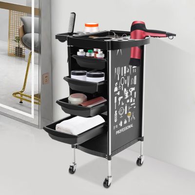 Salon Rolling Cart with 4 Drawers, Tray and Wheels for Beauty Salons, Hair Salons and Home (Black)
