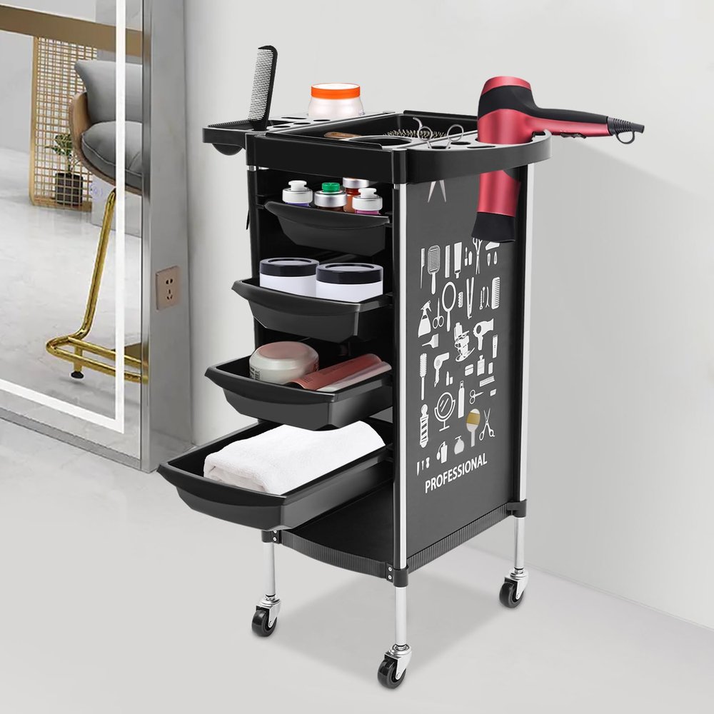 Salon Rolling Cart with 4 Drawers, Tray and Wheels for Beauty Salons, Hair Salons and Home (Black)