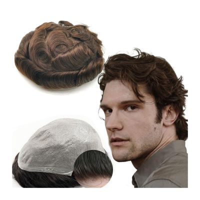XXAD553TY 100% European Human Hair Toupee for Men, 8 x 10 in, Wavy, PU Skin Base, Dark Brown