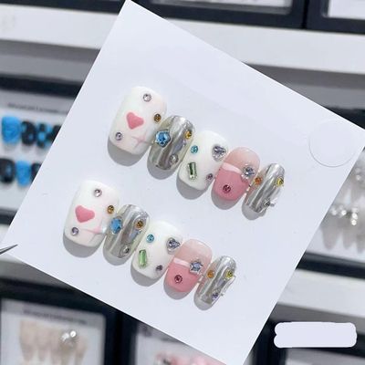 Handmade Long and Short Nail Patches for Artificial Nails, Color 19596, Size XS