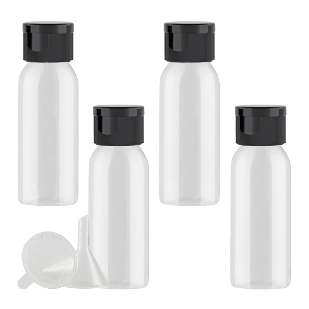 PQPAUTY 4-Pack 30 mL Transparent Plastic Lotion Bottles with Black Flip-Top Caps