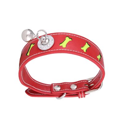 GRIRIW Adjustable Bone-Shaped Reflective Pet Collar with Bell - Red