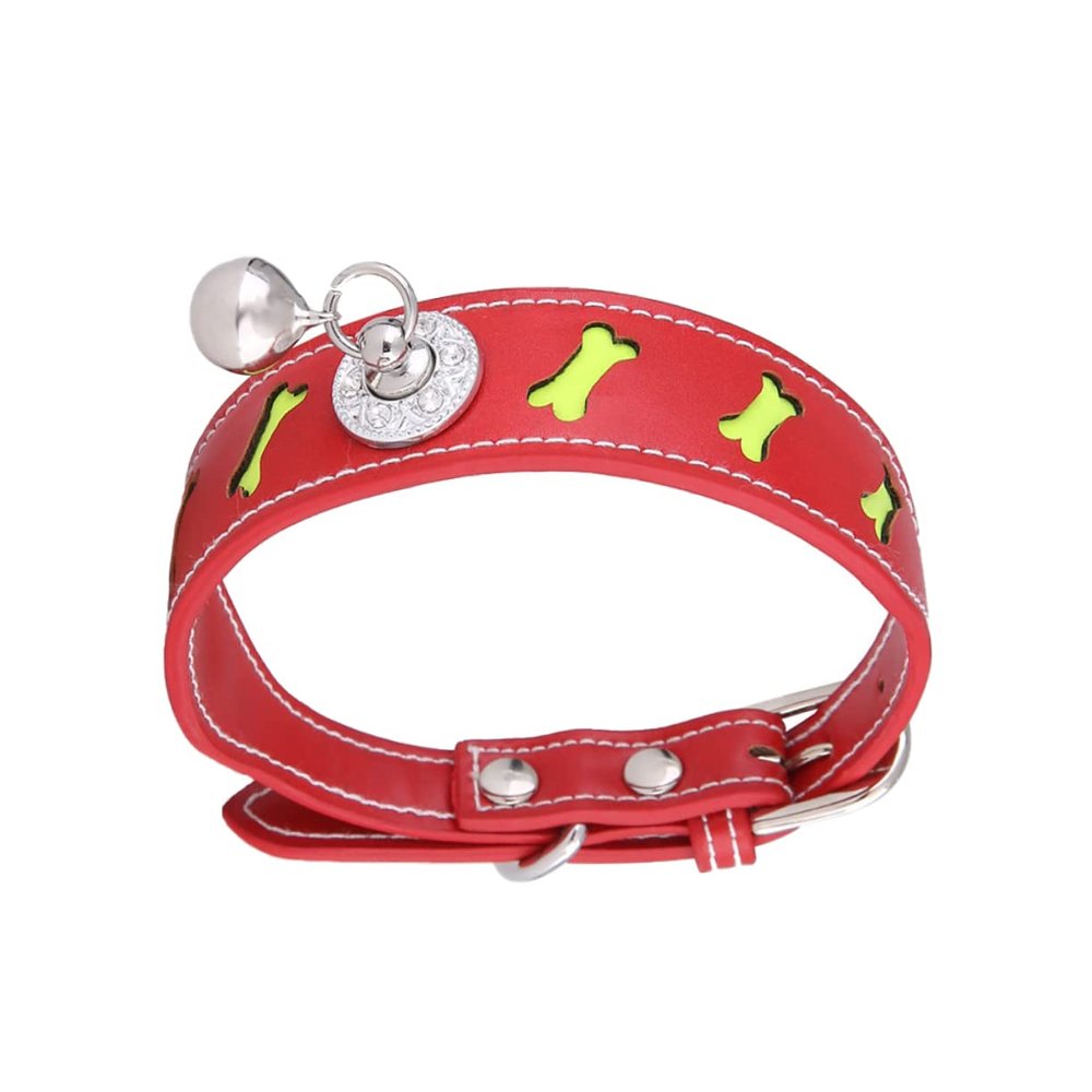 GRIRIW Adjustable Bone-Shaped Reflective Pet Collar with Bell - Red