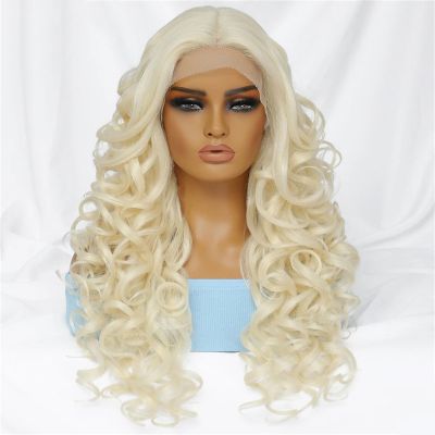Curly Synthetic Lace-Front Wig for Women, Glueless, 13 x 4, 1#613, 180% Density, 24 Inches