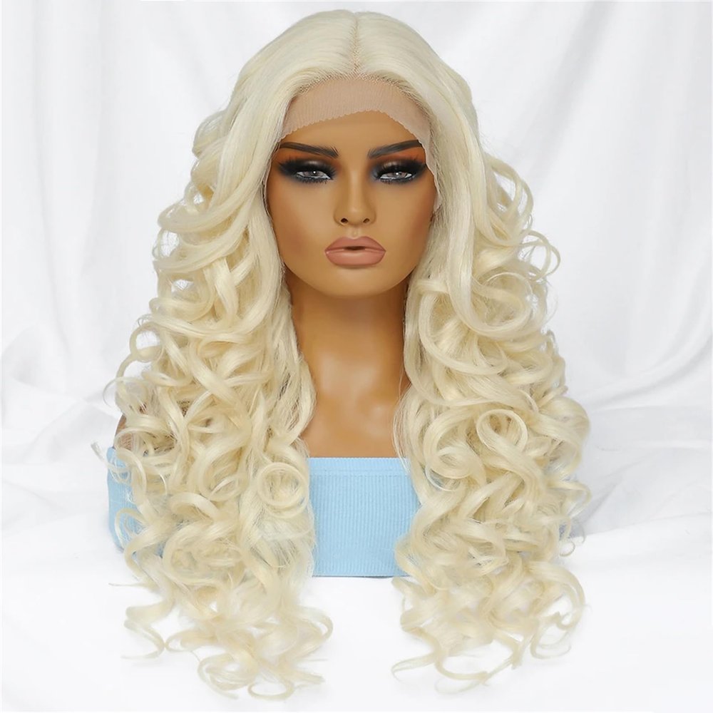 Curly Synthetic Lace-Front Wig for Women, Glueless, 13 x 4, 1#613, 180% Density, 24 Inches