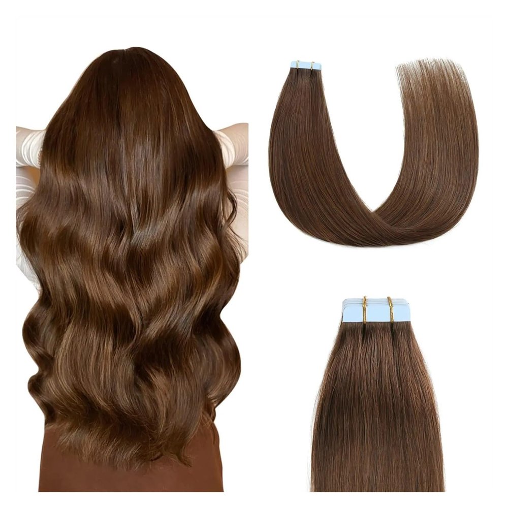 Tape-In Hair Extensions, Chocolate Brown Remy Human Hair, Straight, Seamless, Thick Ends