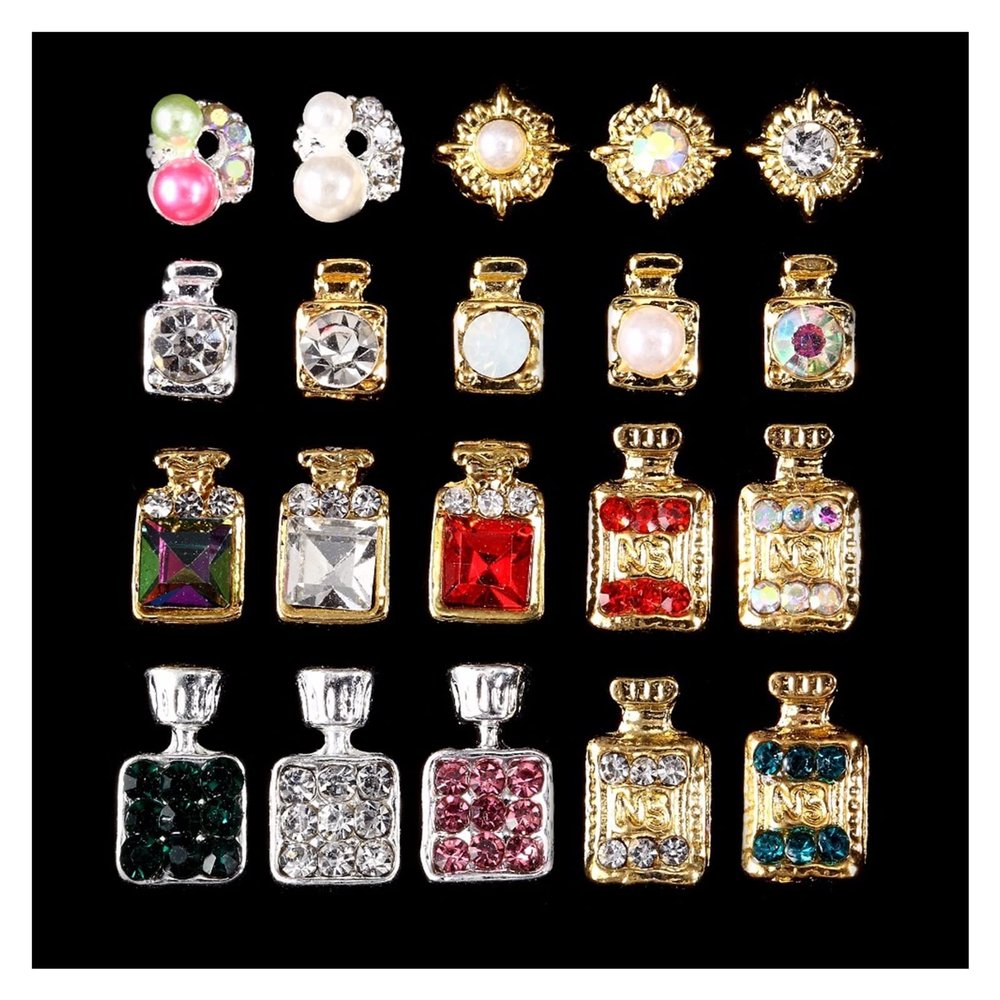 Aqxyedc 100-Piece Perfume Bottle Rhinestone Flower 3D Nail Art Decorations, Alloy Nail Charms for Nails