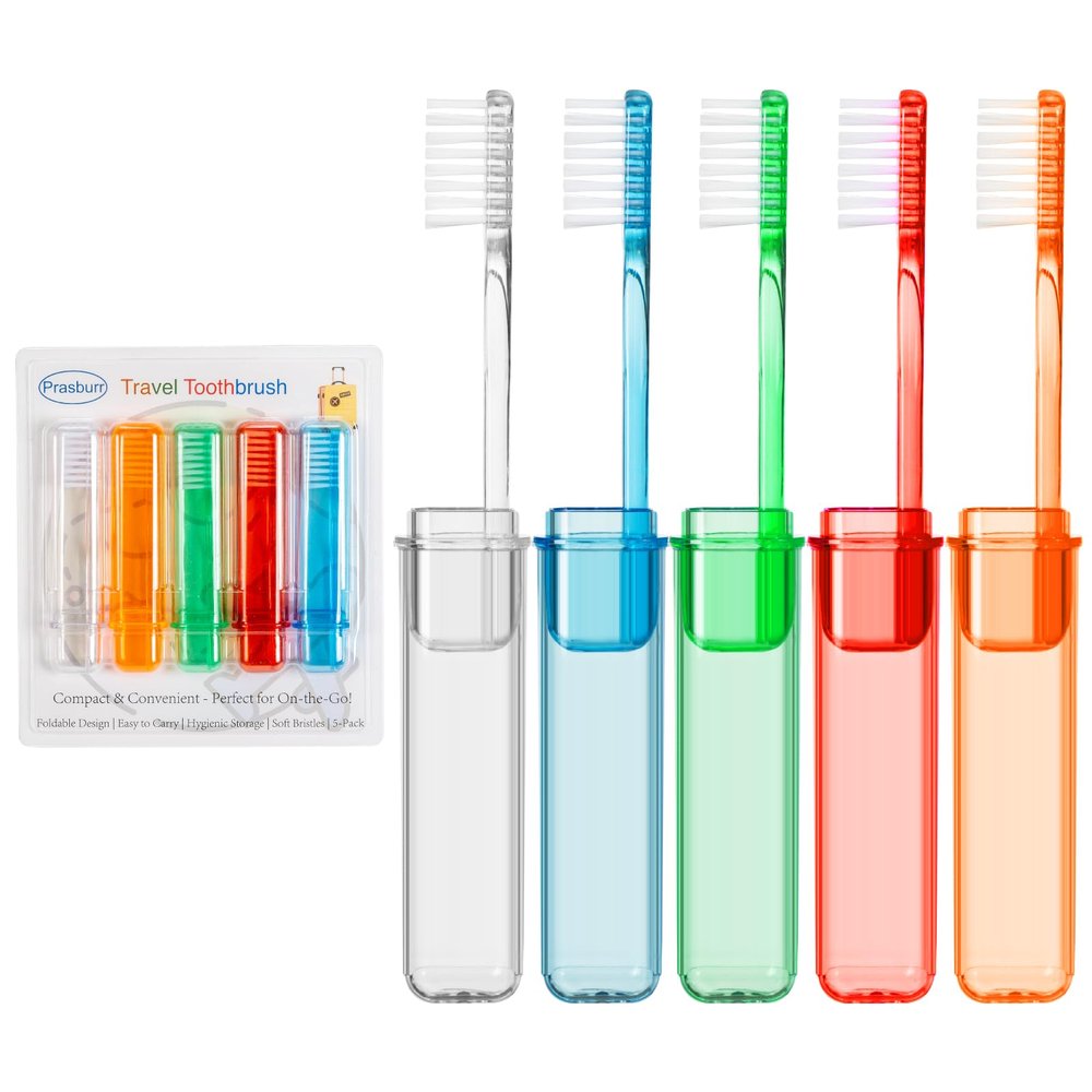 PRASBURR Folding Travel Toothbrushes, Soft Adult Toothbrushes, Multicolor, 5-Pack