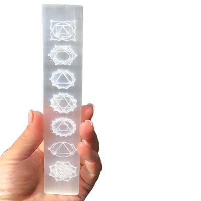 Steinfixx Genuine Selenite Charging Plate with Chakra Symbols, 20 cm, incl. Acrylic Stand