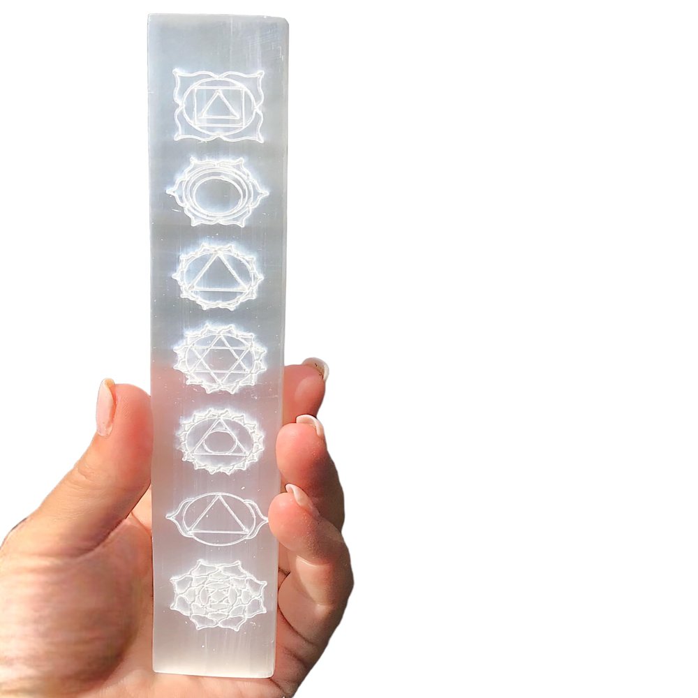 Steinfixx Genuine Selenite Charging Plate with Chakra Symbols, 20 cm, incl. Acrylic Stand