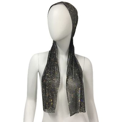 Rhinestone Mesh Turban Headband, Stretchy, Black