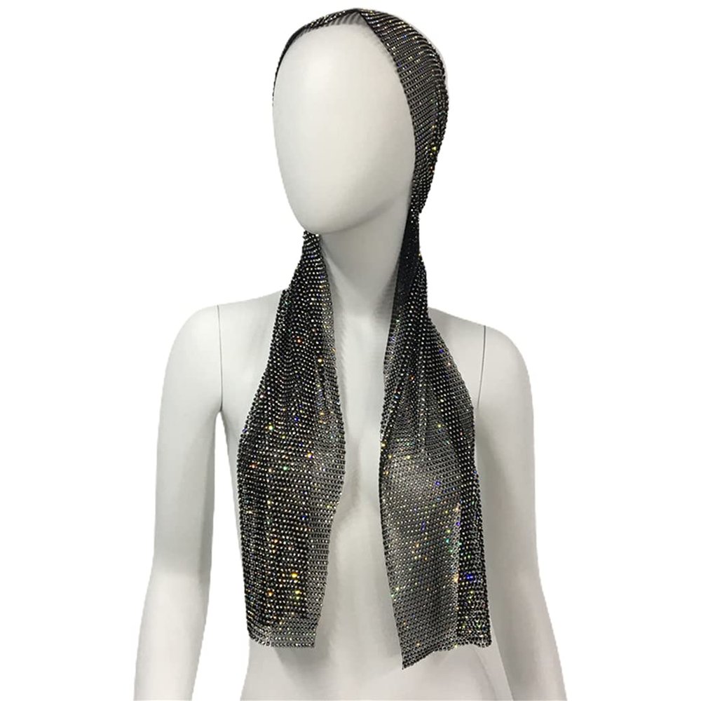 Rhinestone Mesh Turban Headband, Stretchy, Black