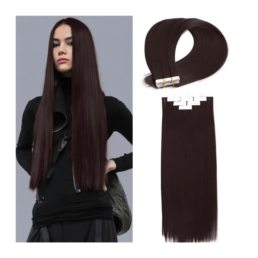 16–26 in Tape-In Hair Extensions, Remy Brazilian Human Hair, Invisible Skin Weft, No. 2 Dark Brown