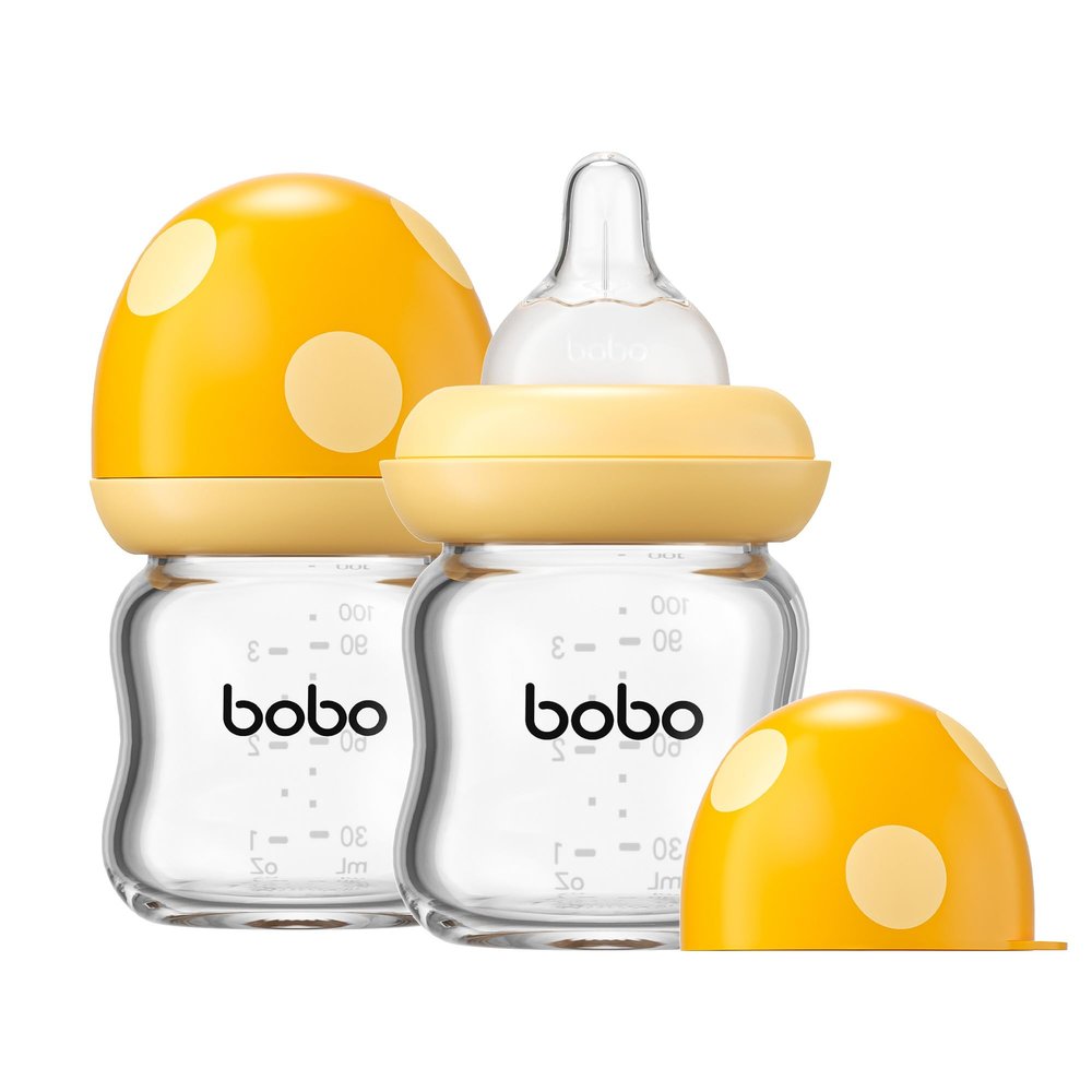 YOHKOH Wide-Neck Glass Baby Bottles, Anti-Colic Set with Ultra-Soft Silicone Nipples, 1+ Month, Yellow, 100 mL, 2-Pack
