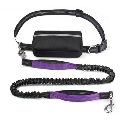 Reflective Hands-Free Dog Training Leash, Bungee Waist Leash with Two Handles and Zipper Pocket, Purple