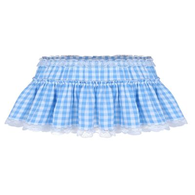 Sexy Women's Short Gingham Pleated A-Line Skirt with Lace Hem, Light Blue, S