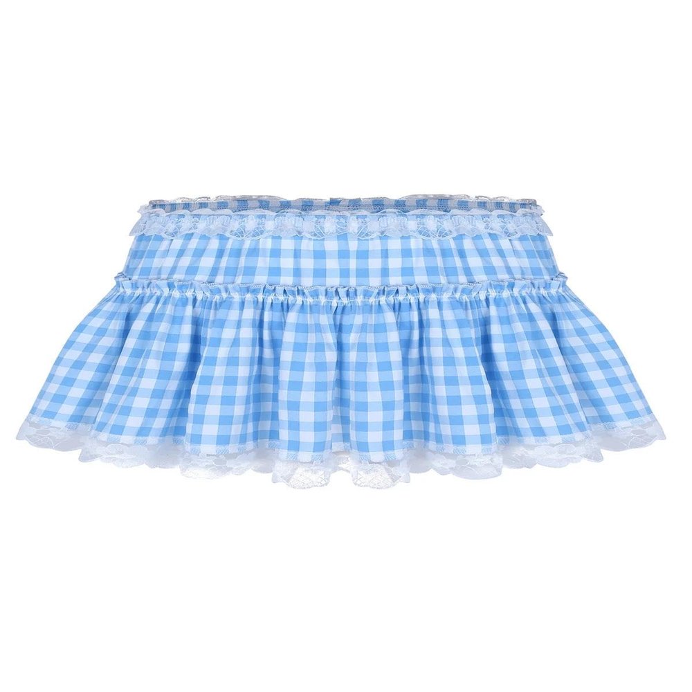 Sexy Women's Short Gingham Pleated A-Line Skirt with Lace Hem, Light Blue, S