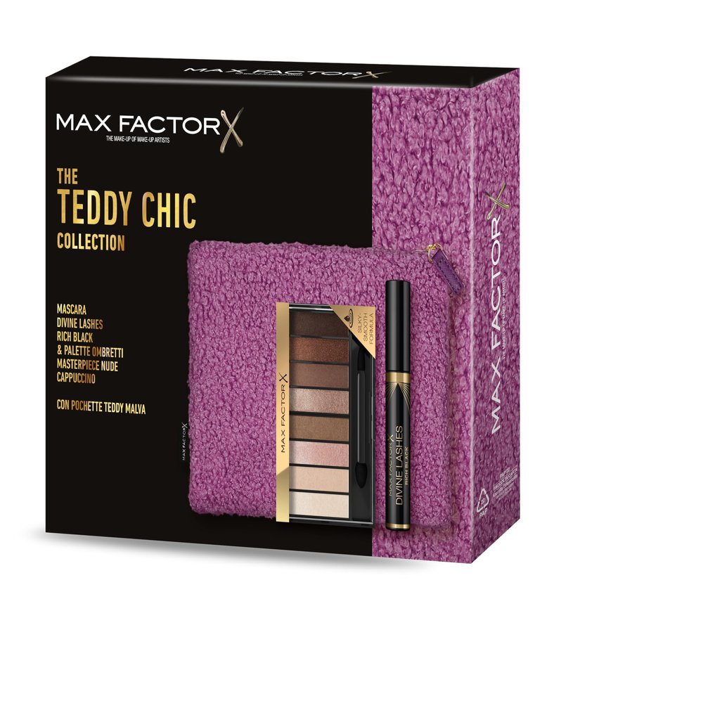Max Factor Teddy Chic Gift Set for Women with Teddy-Fabric Clutch, Divine Lashes Mascara and Masterpiece Nude Cappuccino Eyeshadow Palette