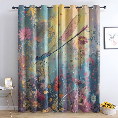Dragonfly and Flowers Blackout Curtains for Girls, 2-Piece Set, 220 x 140 cm