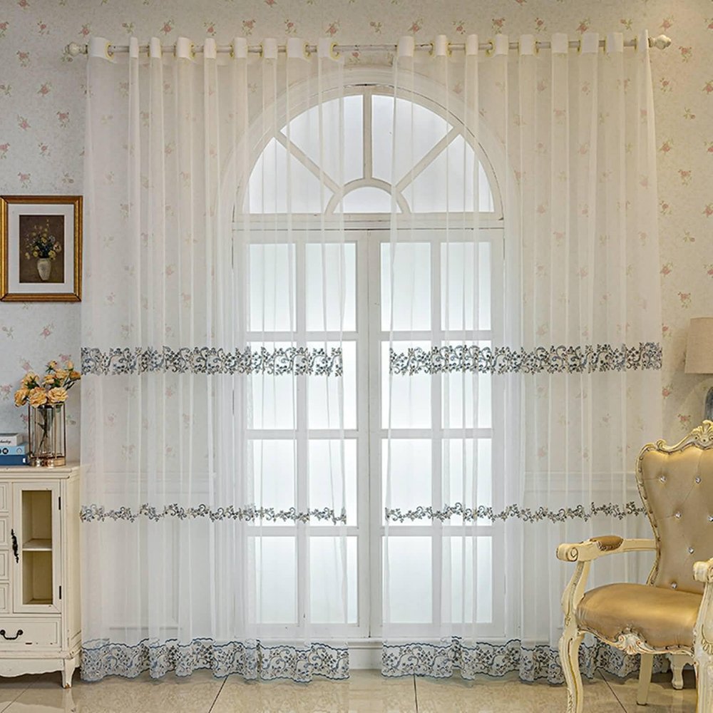 Bishilin Sheer White Curtains, 2-Piece Set, Nordic Delicate Beaded Design, 137 x 160 cm