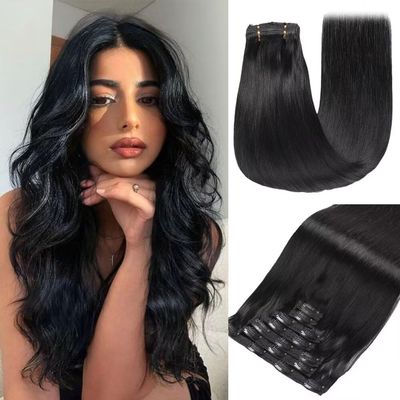 GUDOZO Clip-In Human Hair Extensions, Jet Black, 7-Piece Set, 50 cm, 120 g
