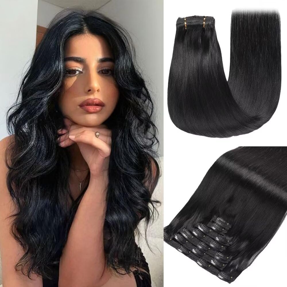 GUDOZO Clip-In Human Hair Extensions, Jet Black, 7-Piece Set, 50 cm, 120 g