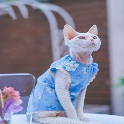HONGSUO Sphynx Cat Clothes, Summer Cotton Flower Skirt with Thin Lace, Size S+