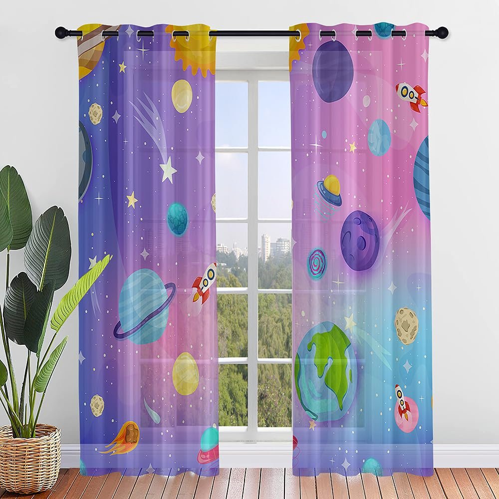 Odot 2-Piece Sheer Voile Curtain Set with Cute 3D Cartoon Planet Print, 132 x 182 cm, Purple